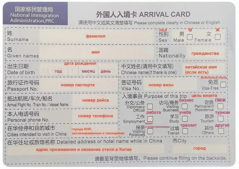 Лицевая сторона иммиграционной карты