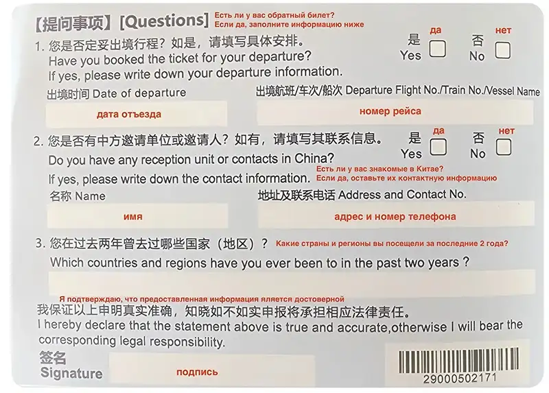 Обратная сторона иммиграционной карты